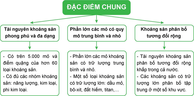 Hoàn thành sơ đồ thể hiện các đặc điểm chung về tài nguyên khoáng sản Việt Nam