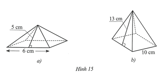 Tính diện tích xung quanh của hình chóp tứ giác đều ở mỗi hình 15a
