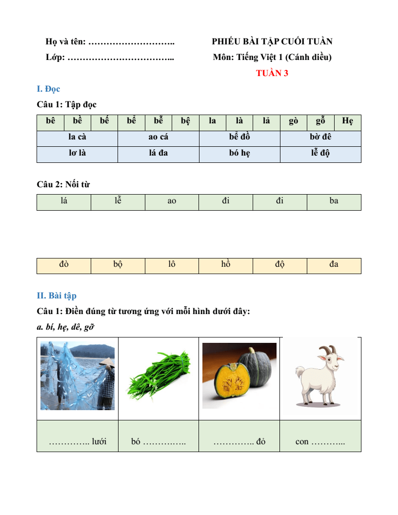 Bài tập cuối tuần Tiếng Việt lớp 1 Cánh diều (có đáp án) | Đề kiểm tra cuối tuần Tiếng Việt lớp 1