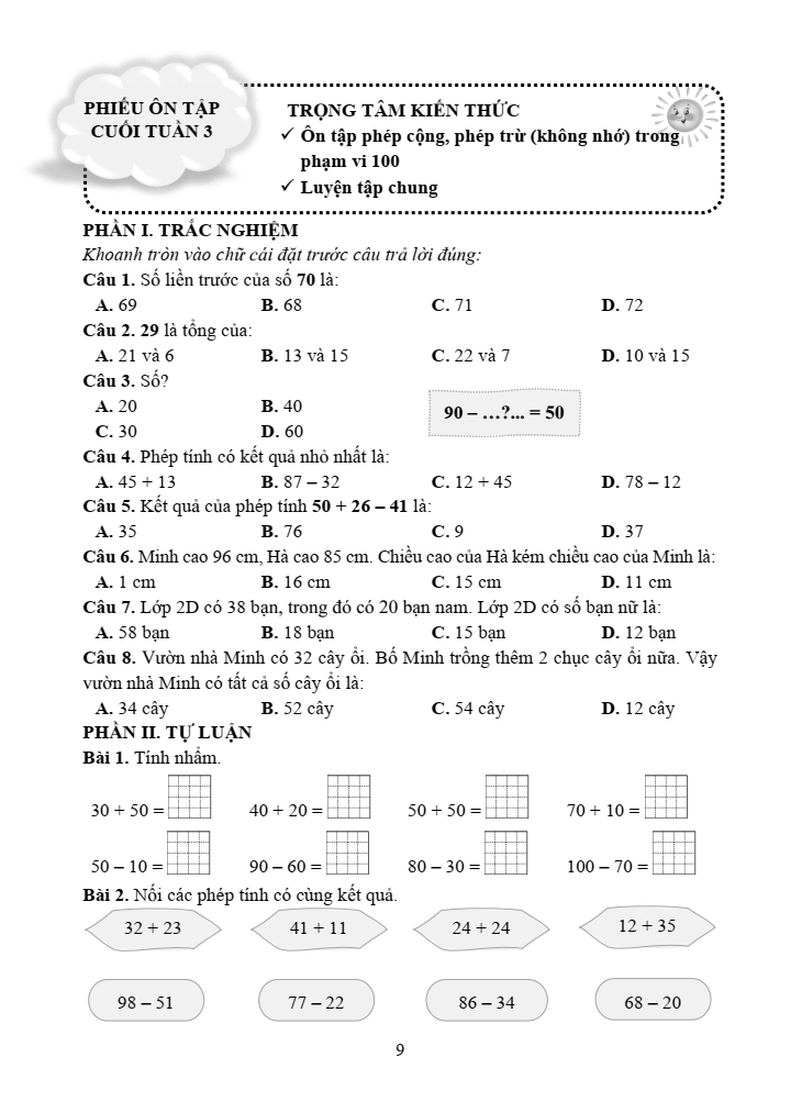 Bài tập cuối tuần Toán lớp 2 Kết nối tri thức (có đáp án) | Đề kiểm tra cuối tuần Toán lớp 2