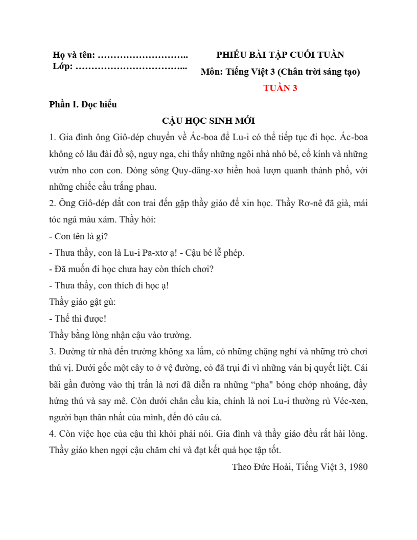 Bài tập cuối tuần Tiếng Việt lớp 3 Chân trời sáng tạo (cả năm) | Đề kiểm tra cuối tuần Tiếng Việt lớp 3 Học kì 1, Học kì 2