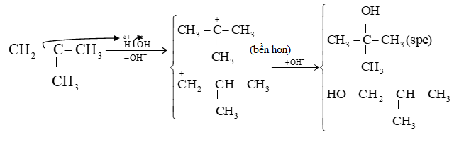 Trình bày cơ chế phản ứng cộng nước xúc tác H+ vào 2 – methylpropene và xác định sản phẩm