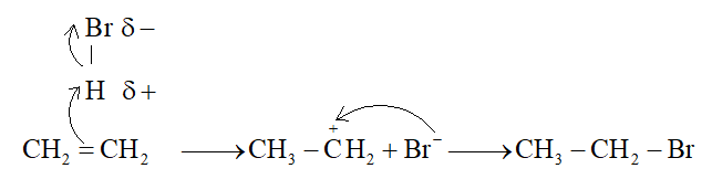 Trình bày cơ chế phản ứng khi cho ethylene tác dụng với HBr với H2O xúc tác H+