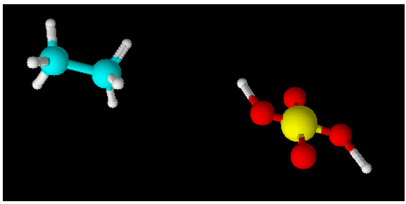 Hiển thị cấu trúc phân tử của ethane (C2H6) và sulfuric acid (H2SO4) dưới dạng 3D