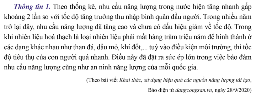 Từ thông tin 1 em hãy cho biết sự gia tăng nhu cầu tiêu dùng năng lượng