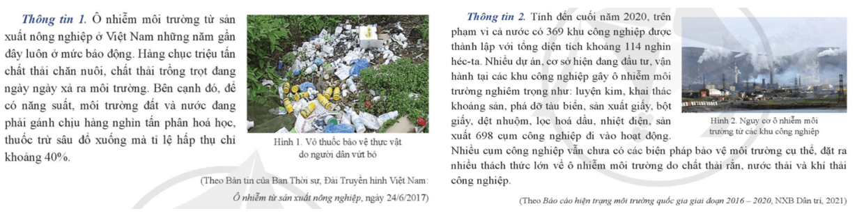 Em hãy cho biết hình ảnh thông tin 1 và 2 đề cập đến ô nhiễm môi trường từ hoạt động