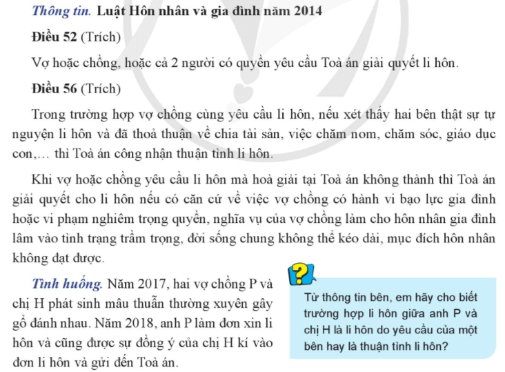 Từ thông tin bên em hãy cho biết trường hợp li hôn giữa anh P và chị H là li hôn