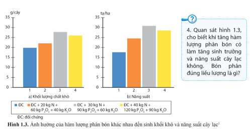 Quan sát hình 1.3, cho biết khi tăng hàm lượng phân bón có làm tăng sinh trưởng và năng suất cây lạc không