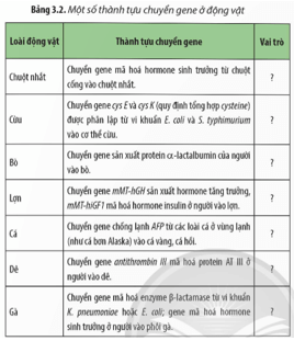 Hãy cho biết vai trò của các giống động vật chuyển gene trong Bảng 3.2