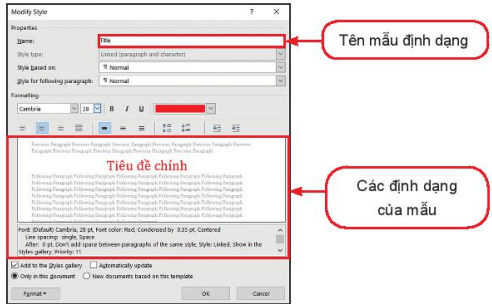 Mẫu định dạng trong Hình 1.3 có tên là gì? Hãy mô tả một số định dạng của mẫu đó: phông chữ, cỡ chữ