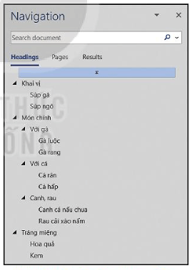 Hình 1.4 là nội dung trong ngăn điều hướng của một văn bản về thực đơn