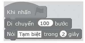Em hãy lập trình cho robot di chuyển 100 bước và nói lời tạm biệt