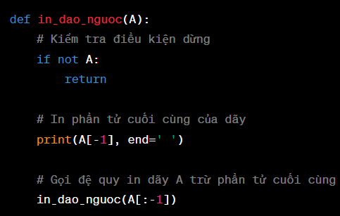 Cho trước dãy A, viết chương trình đệ quy để in dãy A theo thứ tự ngược lại