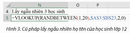 Lấy ngẫu nhiên họ tên của học sinh bằng hàm RANDBETWEEN trang 61 Chuyên đề Tin học 12