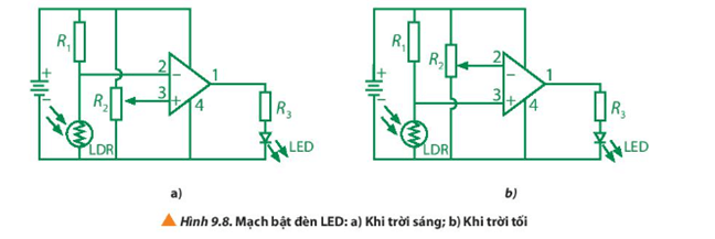 Hình 9.8 bên dưới là các mạch bật đèn LED khi trời sáng và khi trời tối