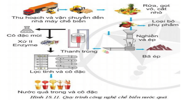 Em hãy cho biết quy trình chế biến nước quả trong Hình 18.11 sử dụng công nghệ gì