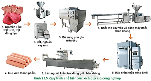  Các dây chuyền thiết bị nào được áp dụng trong quy trình chế biến xúc xích ở Hình 21.5?