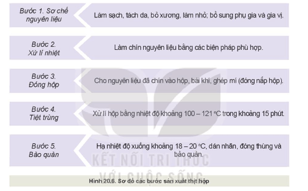 Quan sát Hình 20.6 và mô tả các bước sản xuất thịt hộp