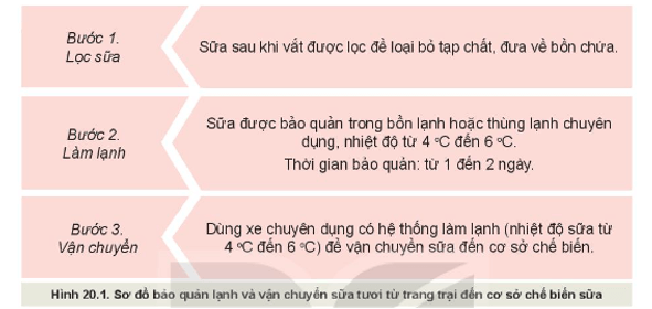 Quan sát Hình 20.1 và nêu tóm tắt các bước bảo quản sữa tươi từ trang trại đến cơ sở 