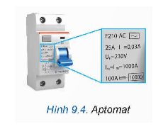 Quan sát Hình 9.4 và cho biết ý nghĩa các giá trị thông số kĩ thuật ghi trên aptomat