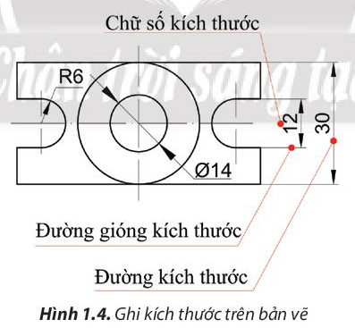 Dựa vào Hình 1.4, hãy cho biết mối quan hệ giữa đường gióng kích thước và đường kích thước