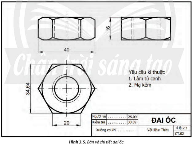 Đọc bản vẽ chi tiết đai ốc (Hình 3.5) theo quy trình đã học và ghi kết quả