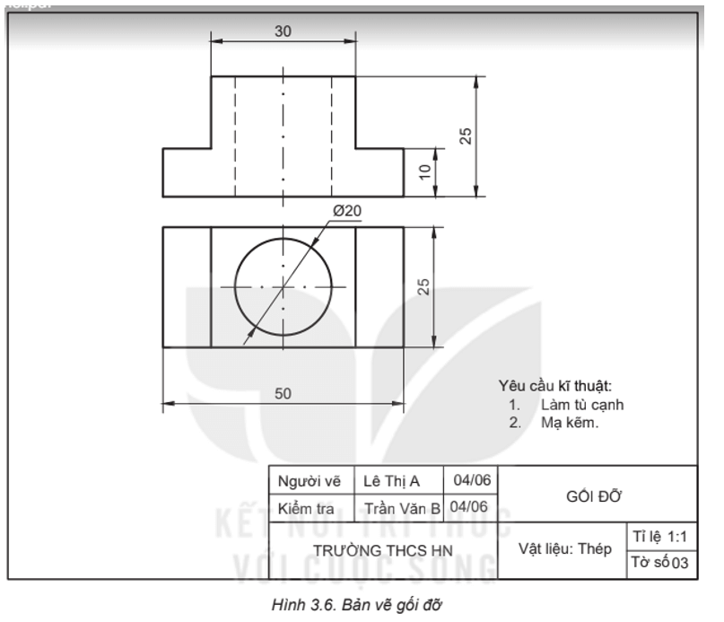 Đọc bản vẽ chi tiết gối đỡ (Hình 3.6) theo trình tự trên Bảng 3.1