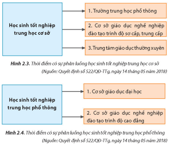 Hãy quan sát Hình 2.3 và Hình 2.4 để giải thích các thời điểm có sự phân luồng học sinh trong hệ thống giáo dục