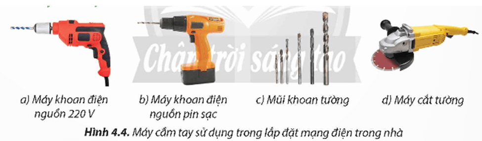 Quan sát Hình 4.4 và cho biết trong lắp đặt mạng điện trong nhà, máy khoan điện và máy cắt