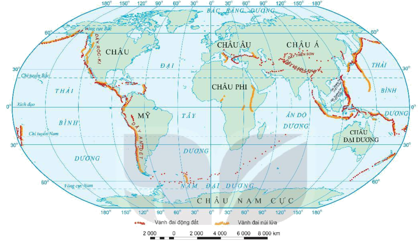 Dựa vào hình 8 hãy Xác định các vành đai động đất, vành đai núi lửa trên thế giới