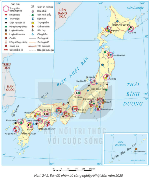 Dựa vào thông tin mục 2 và hình 24.2 trình bày sự phát triển và phân bố của ngành công nghiệp Nhật Bản