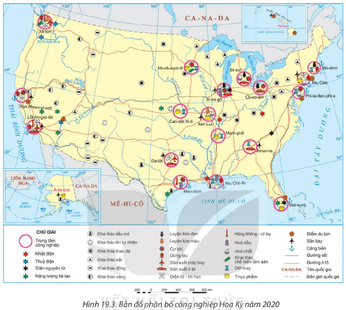 Dựa vào thông tin mục 2 và hình 19.3 hãy trình bày sự phát triển và phân bố của ngành công nghiệp Hoa Kỳ