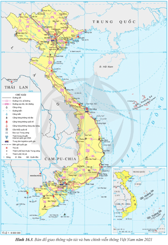 Dựa vào thông tin và hình 16.3 hãy trình bày sự phát triển và phân bố giao thông vận tải