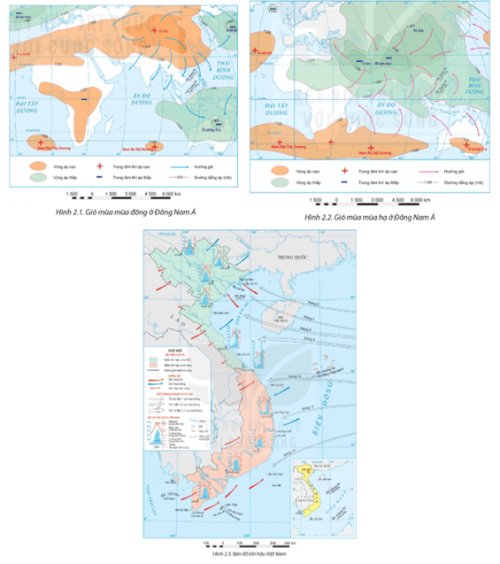 Dựa vào thông tin mục 1 và hình 2.1, 2.2, 2.3 và kiến thức đã học, hãy: Trình bày các biểu hiện của khí hậu nhiệt đới ẩm gió mùa