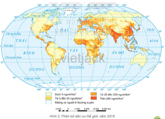 Xác định các khu vực trên thế giới có mật độ dân số trên 250 người /km2 và các khu vực