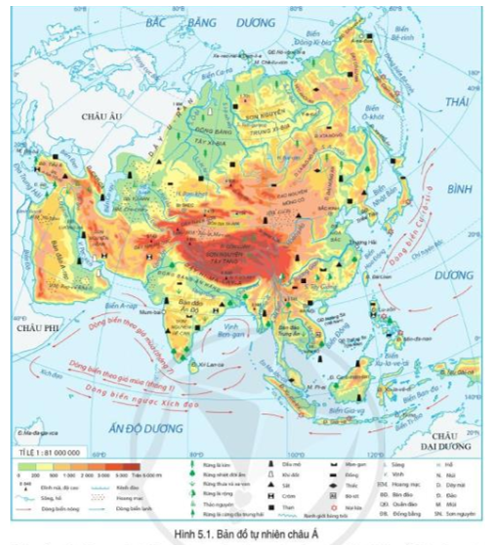 Đọc thông tin và quan sát hình 5.1, hãy: Nêu đặc điểm địa hình và khoáng sản châu Á
