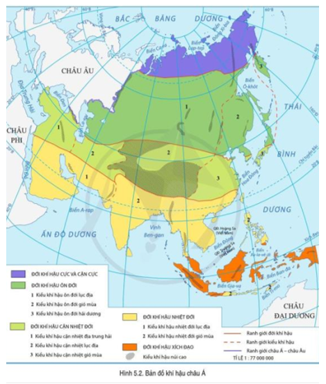 Đọc thông tin và quan sát hình 5.2, hãy Nêu đặc điểm khí hậu châu Á
