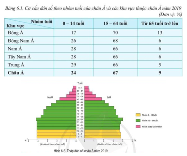 Đọc thông tin và quan sát bảng 6.1, hình 6.2, hãy nêu đặc điểm cơ cấu dân số của châu Á