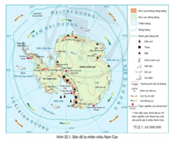 Quan sát hình 22.1 và quả địa cầu, nêu đặc điểm vị trí địa lí Châu Nam Cực