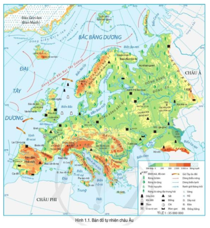 Quan sát hình 1.1, hãy xác định các sông lớn của châu Âu Rai-nơ, Đa-muýp, Von-ga