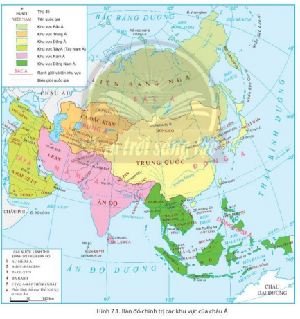 Dựa vào hình 7.1, em hãy xác định các khu vực của châu Á và các quốc gia