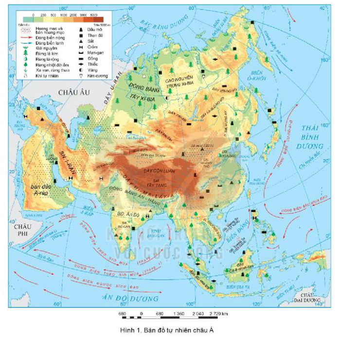 Xác định trên hình 1 sự phân bố một số loại khoáng sản chính ở châu Á