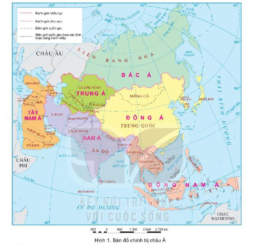Xác định các khu vực của châu Á trên bản đồ hình 1