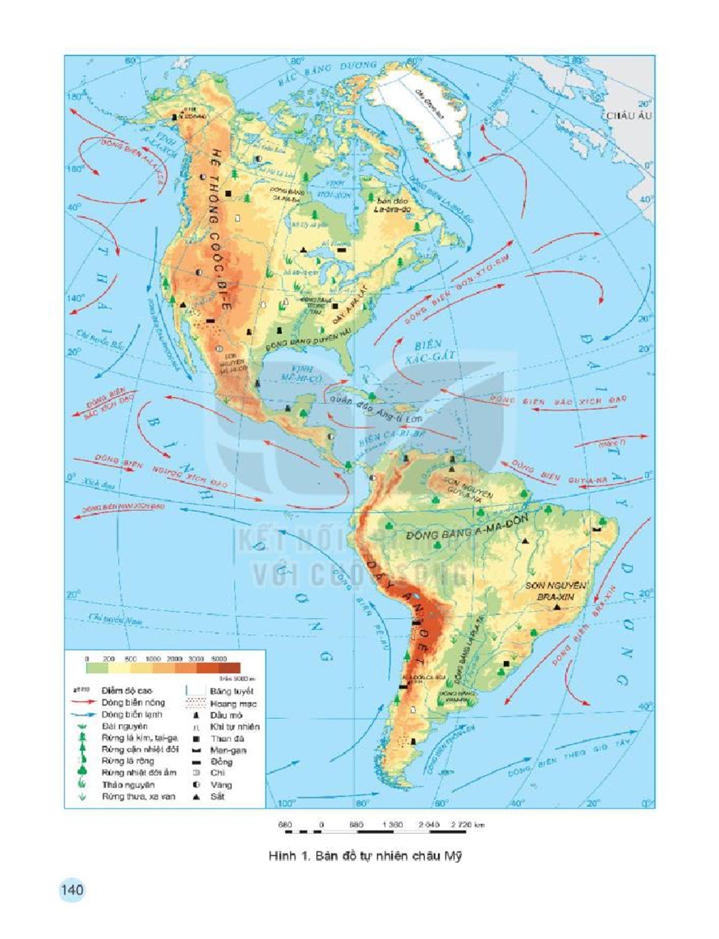 Quan sát bản đồ tự nhiên châu Mỹ trang 140 và đọc thông tin