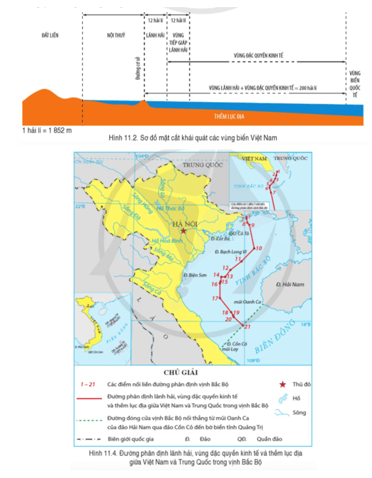 Đọc thông tin và dựa vào hình 11.2, hãy xác định trên hình 11.4 các mốc xác định đường phân định lãnh hải