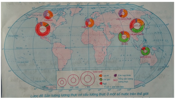Tập bản đồ Địa Lí 10 Bài 32: Thực hành: Sử dụng phương pháp Bản đồ-Biểu đồ để thể hiện sản lượng lương thực và cơ cấu sản lượng lương thực của một số nước trên thế giới | Giải tập bản đồ địa lí lớp 10
