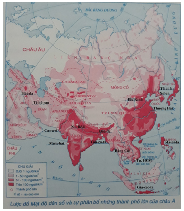 Tập bản đồ Địa Lí 8 Bài 6: Thực hành: Đọc, phân tích lược đồ phân bố dân cư và các thành phố lớn của châu Á | Giải tập bản đồ Địa Lí lớp 8