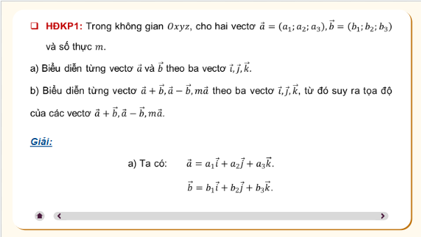 Giáo án điện tử Toán 12 Bài 3: Biểu thức toạ độ của các phép toán vectơ | PPT Toán 12 Chân trời sáng tạo