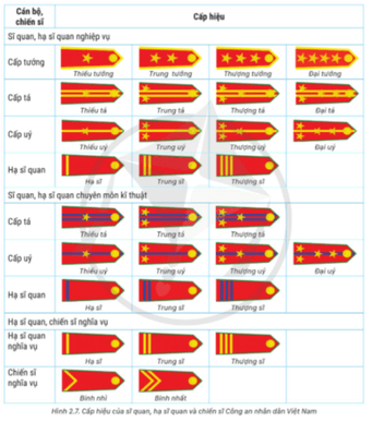 Em hãy quan sát hình 2.7 và cho biết: Những điểm giống nhau và khác nhau giữa các cấp hiệu của sĩ quan