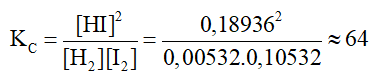 Xét phản ứng thuận nghịch: H2(g) + I2(g) ⇌ 2HI(g)  Thực hiện phản ứng trên ở trong bình kín, ở nhiệt độ 445 °C